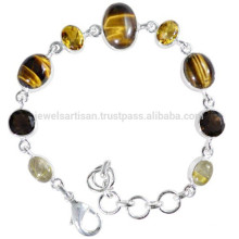 Rutileted Quartz Tiger Eye Citrine & Smoky Quartz with 925 Silver Chain Bracelet for All Time Wear